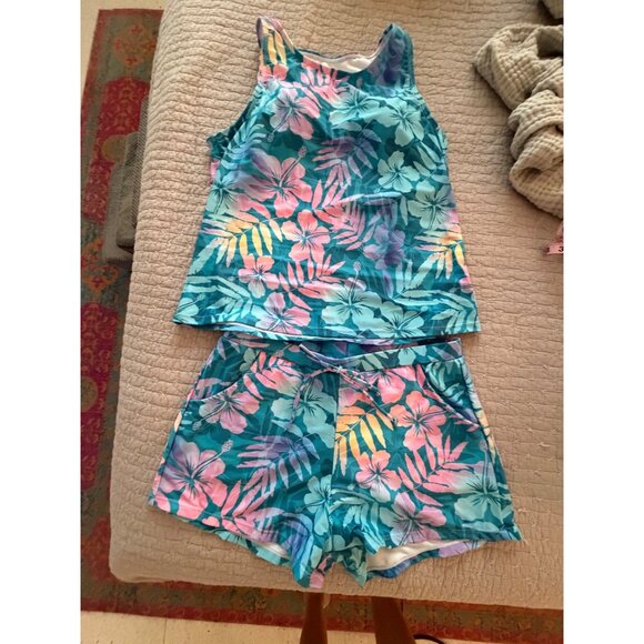 Floral High Neck Wide Straps Tankini Set With Shorts Size Large Blue Pink NWOT - Picture 5 of 14